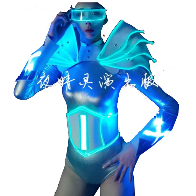 

Night Bar Performance Suit Silver Glow LED Future Warrior Technology Armor Dancer Costume