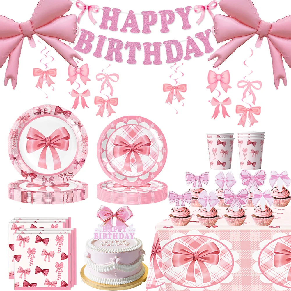 Kokette Geburtstagsdekorationen Teller Servietten Geburtstagsbanner Tassen Rosa Schleife Kuchen Toopper Mädchen Rosa Schleife Partydekorationszubehör