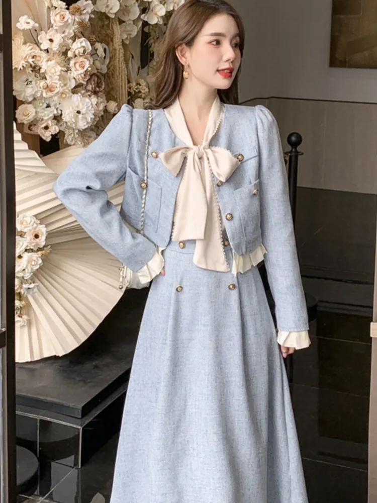 

Женский комплект из 2 предметов с юбкой, Повседневная рубашка на шнуровке, короткий лоскутный пиджак, юбка-трапеция, элегантный облегающий модный костюм, новинка весны