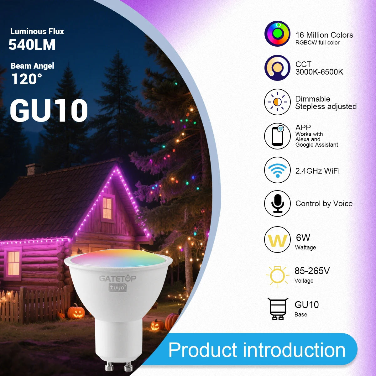 รูปสินค้า หลอดไฟ LED สมาร์ท GU10 ควบคุมผ่านแอป ปรับความสว่างได้ 1-100%