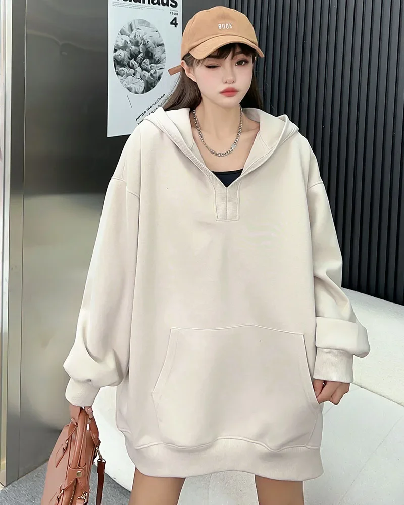 hoodie-autumn-long-loose-casual-versatile-solid-color-large-neckline-hoodie