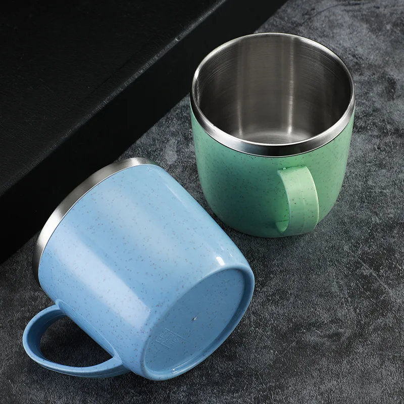 Double Layer Anti-scalding Stainless Steel Cups Plastic Handle Coffee Milk Mug Tea Drinks Water Cup for Home Office Tumbler Kitchen