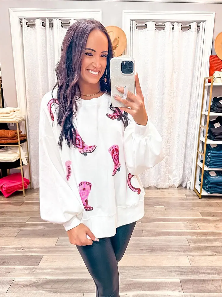 Sequins Boots Loose Sweatshirt, Casual Crew Neck Valentine's Day Long Sleeve Sweatshirt, Women's Clothing