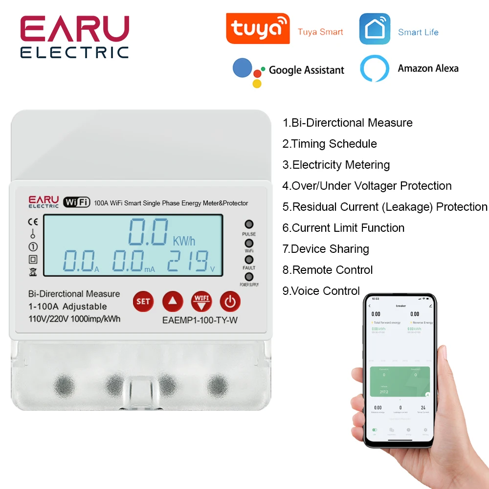 Tuya Wifi Smart Circuit Breaker Perdita Di Terra Over Under Voltage Protector Relè Switch Misuratore Di Kwh Di Potenza Energetica Bidirezionale