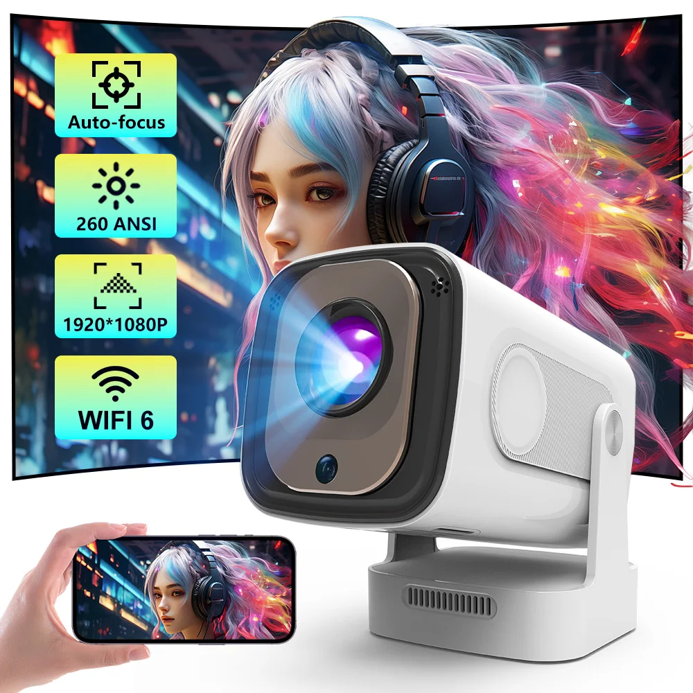 HY260 자동 초점 프로젝터 안드로이드11 WiFi6 듀얼 밴드 자동 키스톤 보정 대형 화면 가정용/야외용 휴대용 빔프로젝터