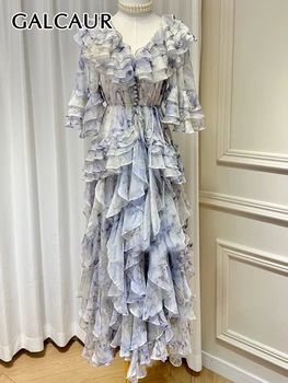 GALCAUR-فساتين نسائية مرقعة بكشكشة, رقبة مستديرة, أكمام فراشة, خصر عالي, مربوط بأربطة, ضرب اللون, أنيق, أنثى 1