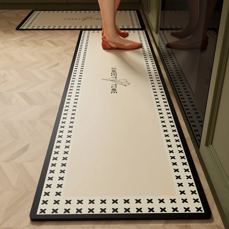 Kitchen Carpet Waterproof Non-slip Oil-proof Door Mats PVC Leather Dirt-resistant Rug Black White Plaid Home Decoration Foot Mat