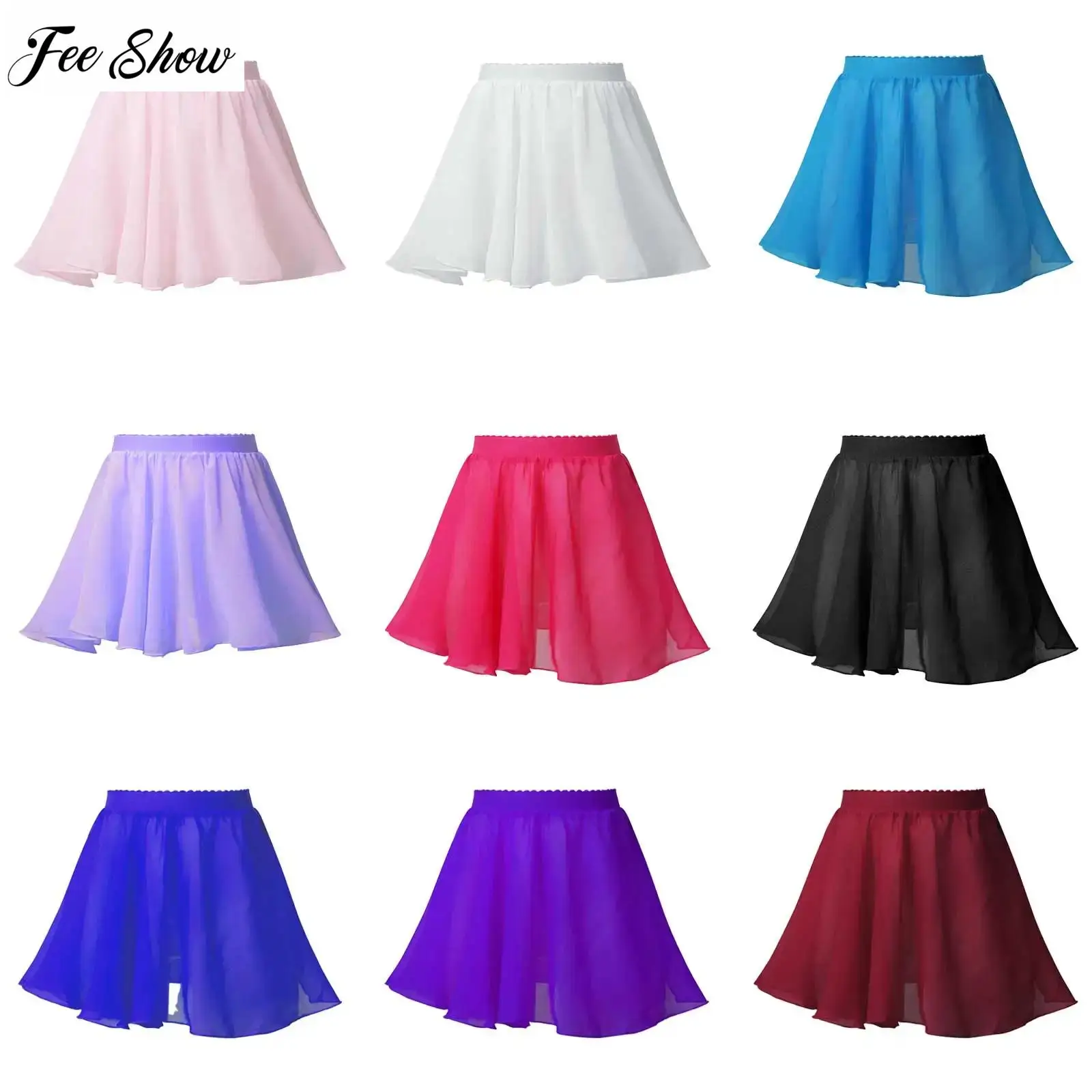 

Kids Girls Soft Chiffon Skirt Elastic Waistband Solid Color A-Line Veil Skirt for Ballet Dancing Stage Performance