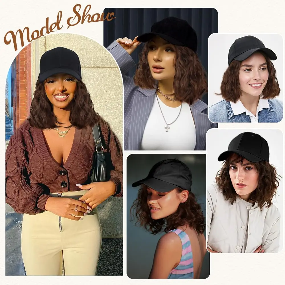 Short Wave Baseball Cap Wig with Curly Hair Extension Synthetic Wave Wig Hat for Women Adjustable Brown Black Baseball Hat Wig