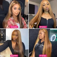 Perruque Lace Frontal Wig brésilienne naturelle, cheveux lisses, couleur marron miel, 13x4, pre-plucked, 13x6, à reflets 4