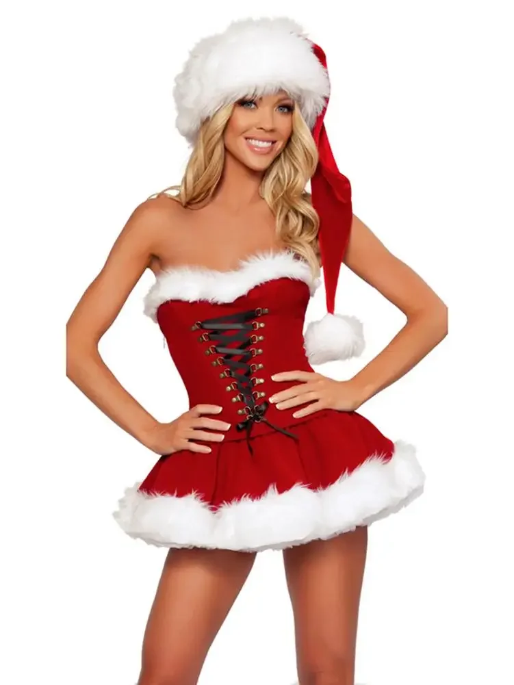 Women's Christmas Dress Adult Makeup Role Play Xmas Santa Costume for Women Classic Cosplay Suits with Hat for Party Celebration
