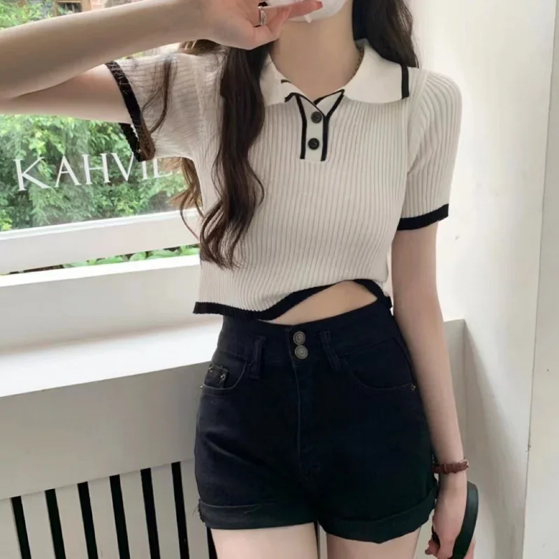 รูปสินค้า เสื้อแขนสั้นทรงรัดรูป คอโปโล สีตัดกัน ฤดูร้อน