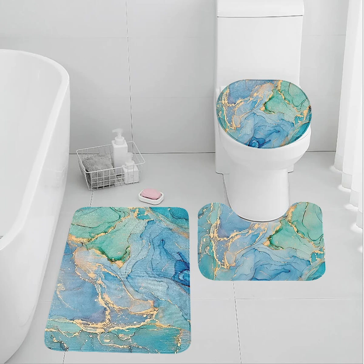 A blue marble toilet multi piece set that can be assembled or purchased as a single toilet seat floor mat U-shaped mat