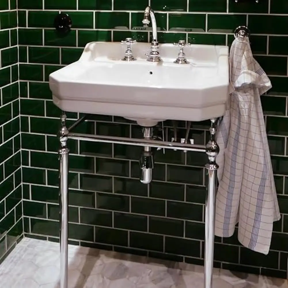 Console Sink with Interchangeable Side Towel Bar Polished Chrome Leg Support Integrated Rectangular Bowl Widespread Faucet Hole 6
