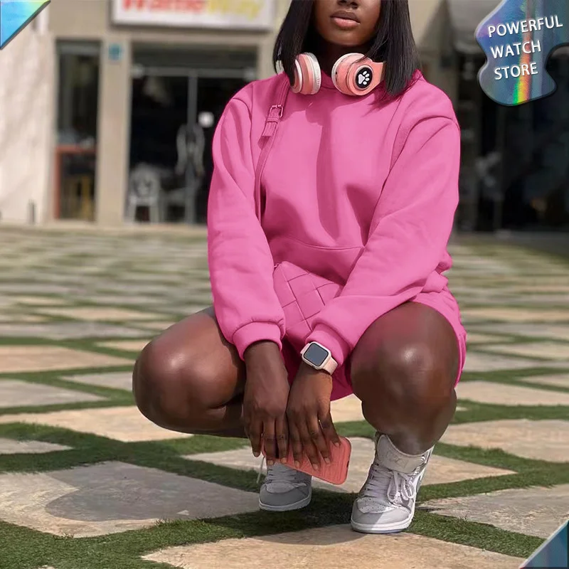 Loose Pink Sweater Shorts Set 2023 New Fashion Sports Fleece Long Sleeve  Pullover Hooded Two Piece Women's Street Clothing - AliExpress
