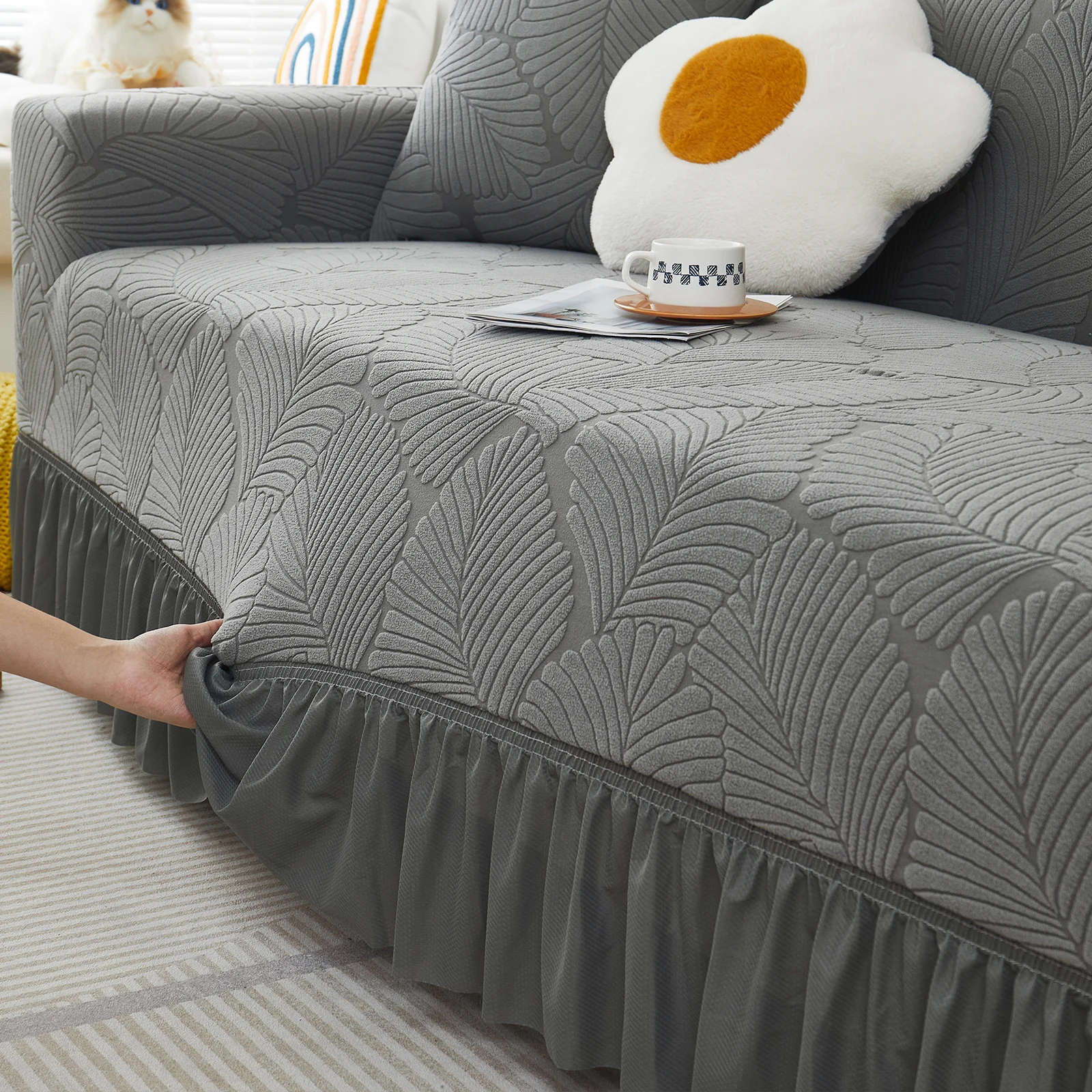 Shaece leaf jacquard pleated skirt set sofa cover living room sofa cover four seasons available 6