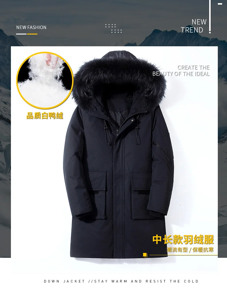 Description Picture 3 of itemWinter Men's Long Down Jacket Outwear White Duck Down Coat Casual Warm Hooded Male Outdoor Windbreaker Coat Puffer Parkas