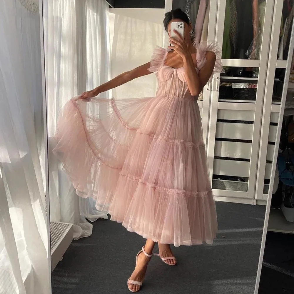 Simple Pink Prom Dresses Spaghetti Straps Tiered Tulle Prom Gowns Exposed Boning A-Line Tea-Length Wedding Party Dresses sage green prom dress