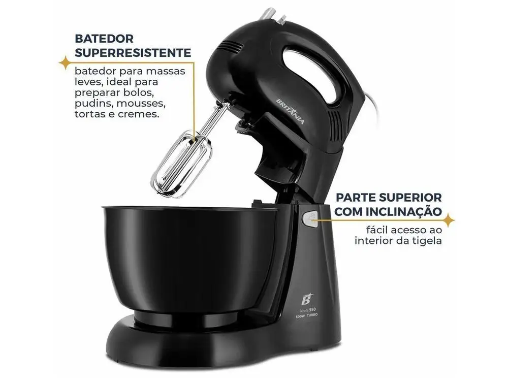 Batedeira Britânia Preta 500W 4 Velocidades 4,3L Pérola 550 - 220V 6