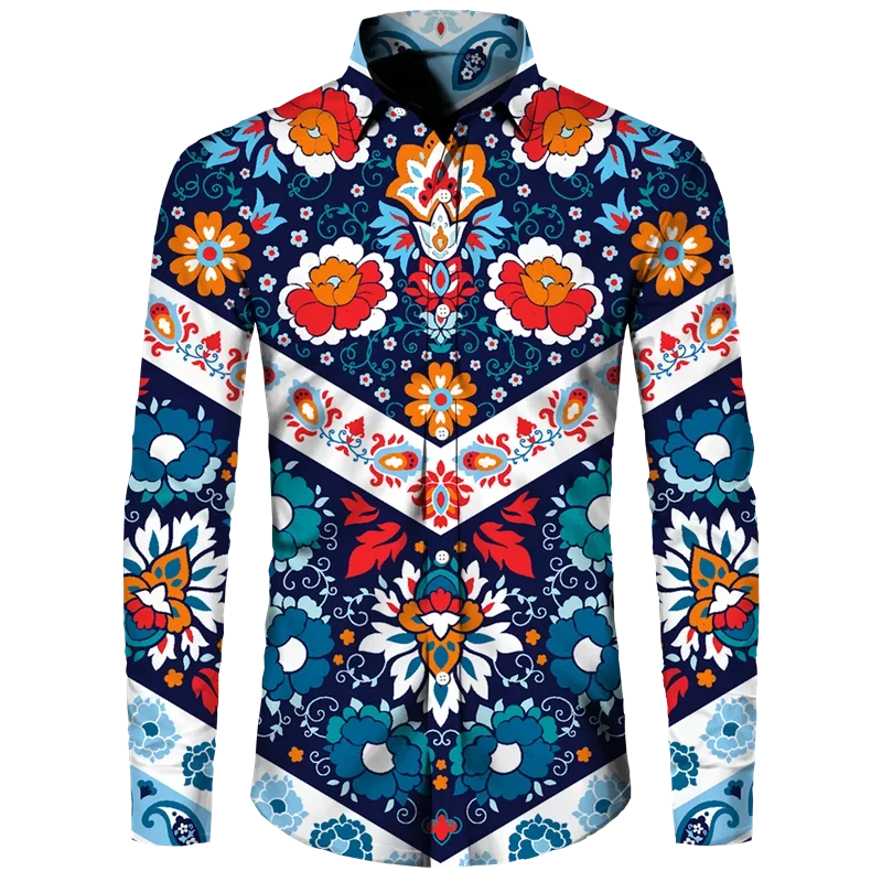 thumbnail image 1 of Camisa de moda para hombre, estampado 3D de flores de anacardo de cachemira, cuello vuelto, botones, manga larga, ropa de calle vintage para hombre y mujer, 1 of 5