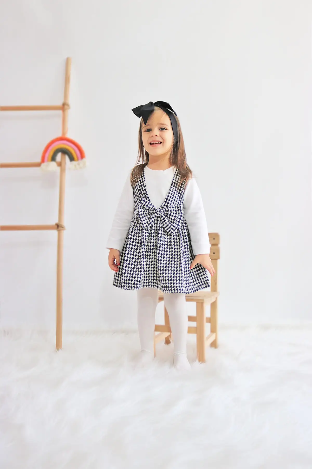 

Girl's Goose Foot Patterned Bow Jile Bandana Suit Woven Cotton Sleeveless Black Medium Dress Clothing
