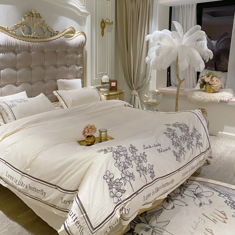 White Black Flower Pattern Quality Silky Soft Egyptian Cotton Bedding set Queen King Size 4Pcs Duvet Cover Bed Sheet Pillow Case 5