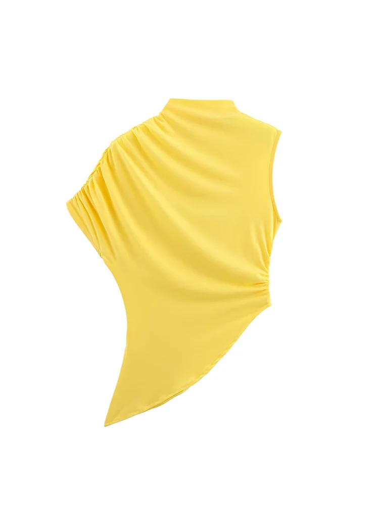 TFMLN Summer Women's Asymmetrical Tee Retro Solid O-Neck Irregular Sleeve Slim Top 2025 New Female Short Streetwear Tops