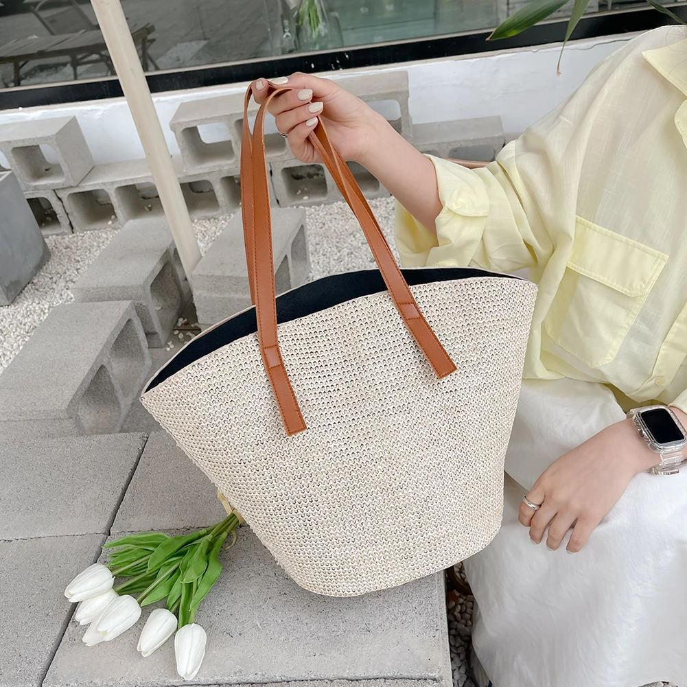 Women Shopping Tote Bag Fashion Simple Straw Shoulder Bag Handmade Rattan Woven Beach Purse Female Shoulder Portable Basket Bags