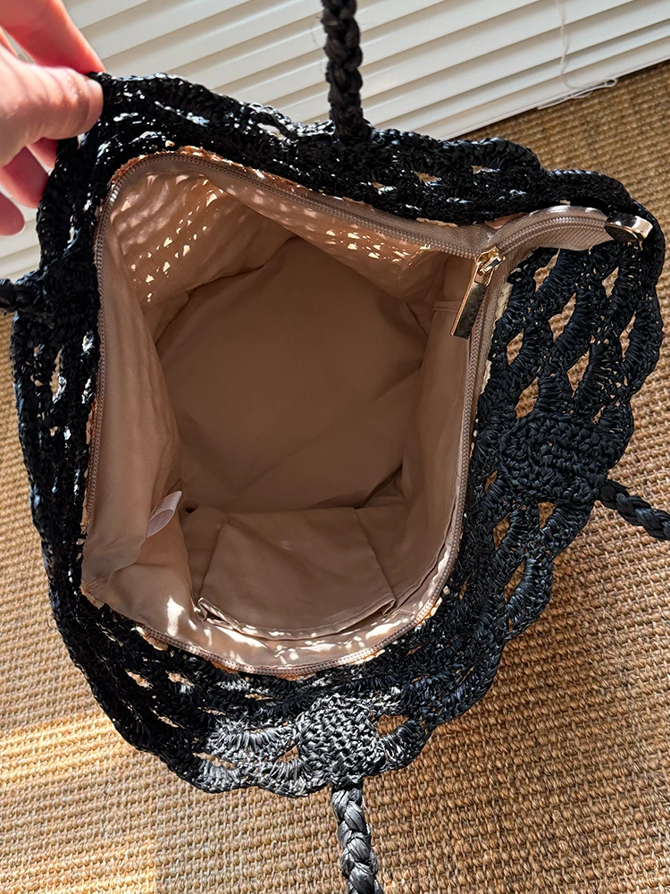 Fashion Lafite Straw Bucket Bag Hollow Rattan Women Handbags Summer Beach Shoulder Crossbody Bag Casual Lady Large Tote