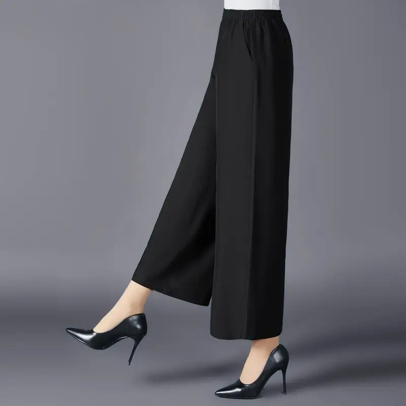 Simplicity Summer Pants Women's Solid Elastic High Waist Ice Silk Fabric Temperament Casual Loose Ankle Length Wide Leg Trousers