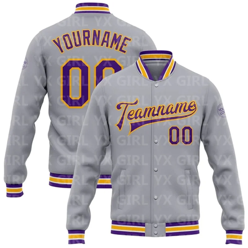 Custom Gray Purple-Gold Bomber Full-Snap Varsity Letterman Jacket 3D Printed Baseball Button Jacket