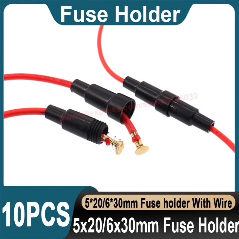 10Pcs 5*20mm 6*30mm Glass Fuse Holder With Leads For 5x20mm 6x30mm wire and cable 250V Glass Fuse Tube Fuse Box