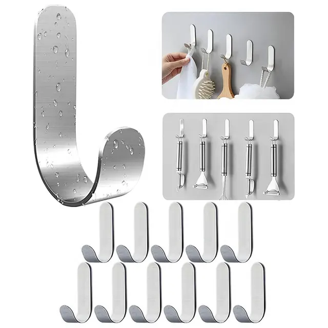 2/10 pièces crochets adhésifs métal acier inoxydable crochets muraux utilitaire J crochet porte-clés auto-adhésif crochet mural pour douche cuisine 3