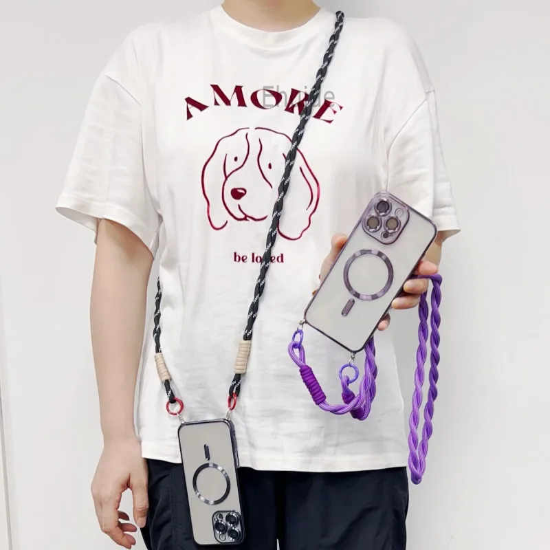 Magnetic Transparent Plating Case with Crossbody Lanyard Strap