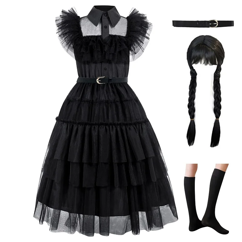 Girls Dress Princess Costume Wednesday Halloween role-playing costume Wish asha dress Girls Hollowed out Lace Princess Skirt Black Casualmesh Skirt