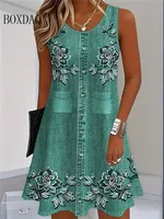 2025 Women Summer Sleeveless Bohemian Dress Fashion Imitate Cowboy Vest Flowers Print Dress Casual Tank Beach Dresses For Women - Image 3