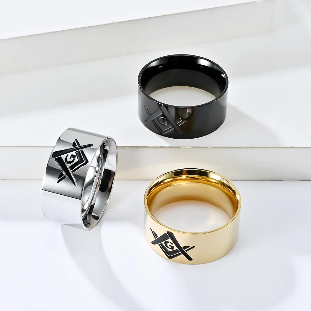 10mm Black Gold Plated Stainless Steel Men's Freemasonry Band Ring Cool Quality Titanium Mason Ring 2