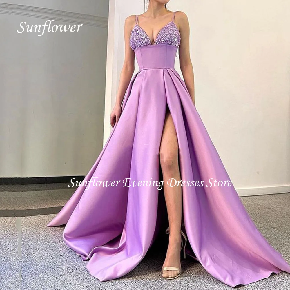 

Sunflower V-Neck Prom Gown A-LINE Evening Dress Satin Floor-Length Party Dress 2023 Backless Side Split Wedding Dress
