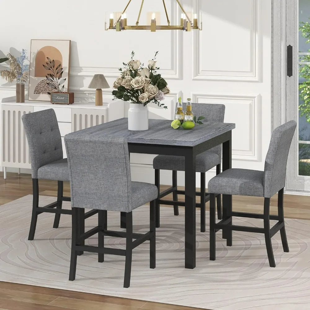 

5-Piece Counter Height Dining Set-Square Wood Table and 4 Upholstered High-Back Chairs with Footrest for Kitchen Furniture