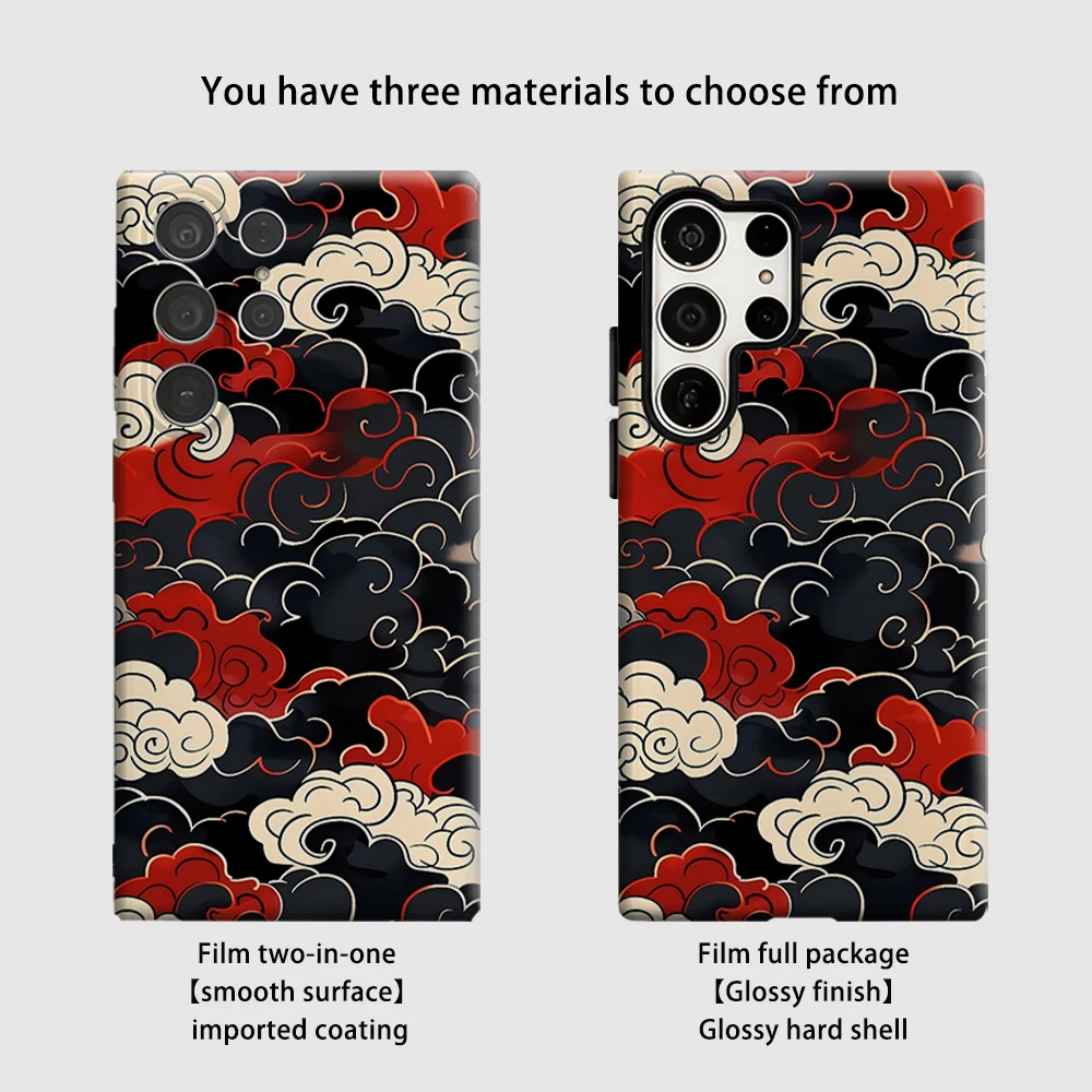 Elegant Red & Black Ukiyo-e Cloud Design Shockproof Phone Case - Double Layer Protection
