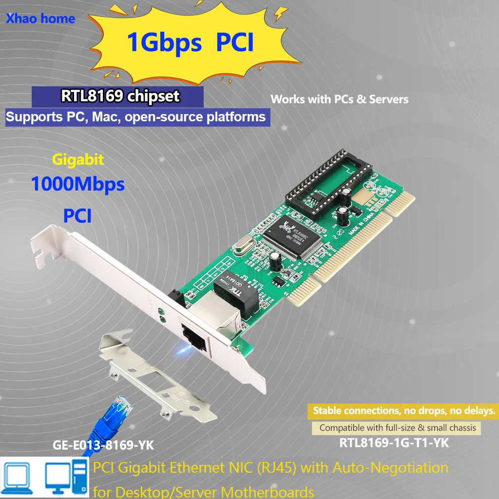 데스크탑 PC용 기가비트 PCI 이더넷 카드 RTL8169 칩, 10/100/1000Mbps, RJ45 단일 포트, 대형 및 소형 케이스 네트워크 어댑터에 적합