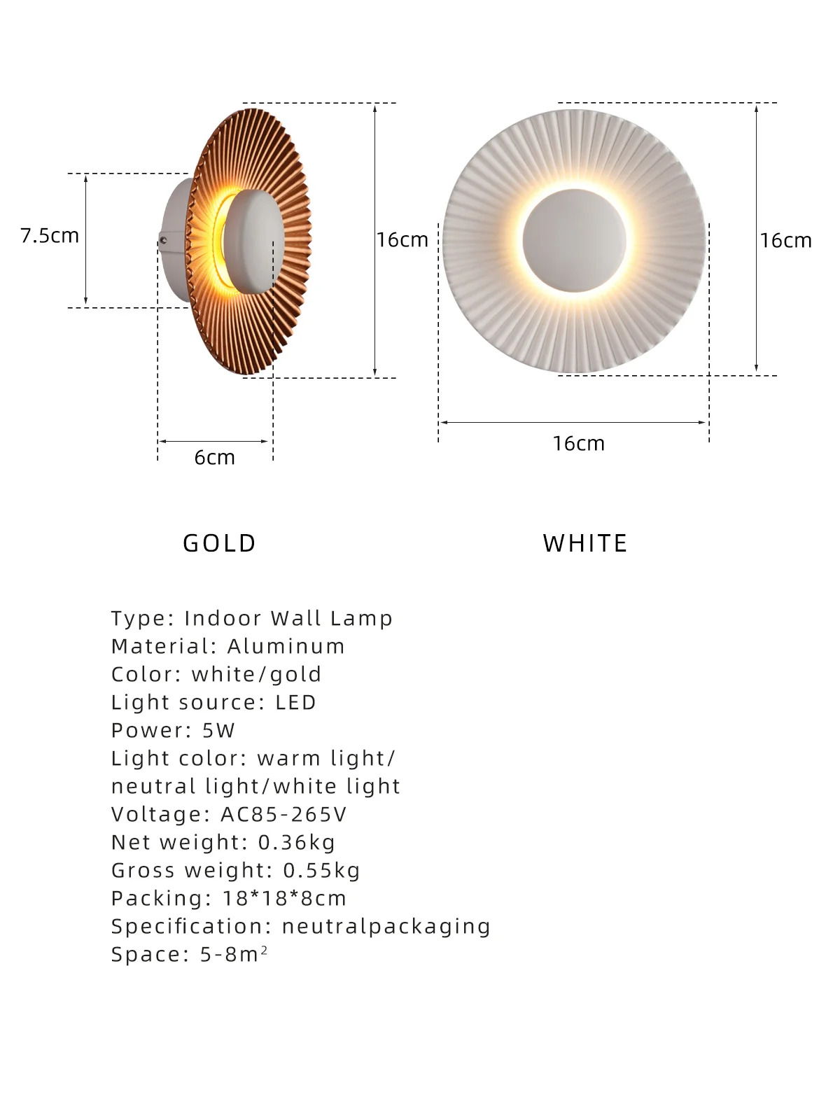 Description Picture 5 of item5W Round Shape Metal LED Wall Light Creative Design Modern Indoor lighting Light Fixture For Hotel Bedroom Restaurant Corridor