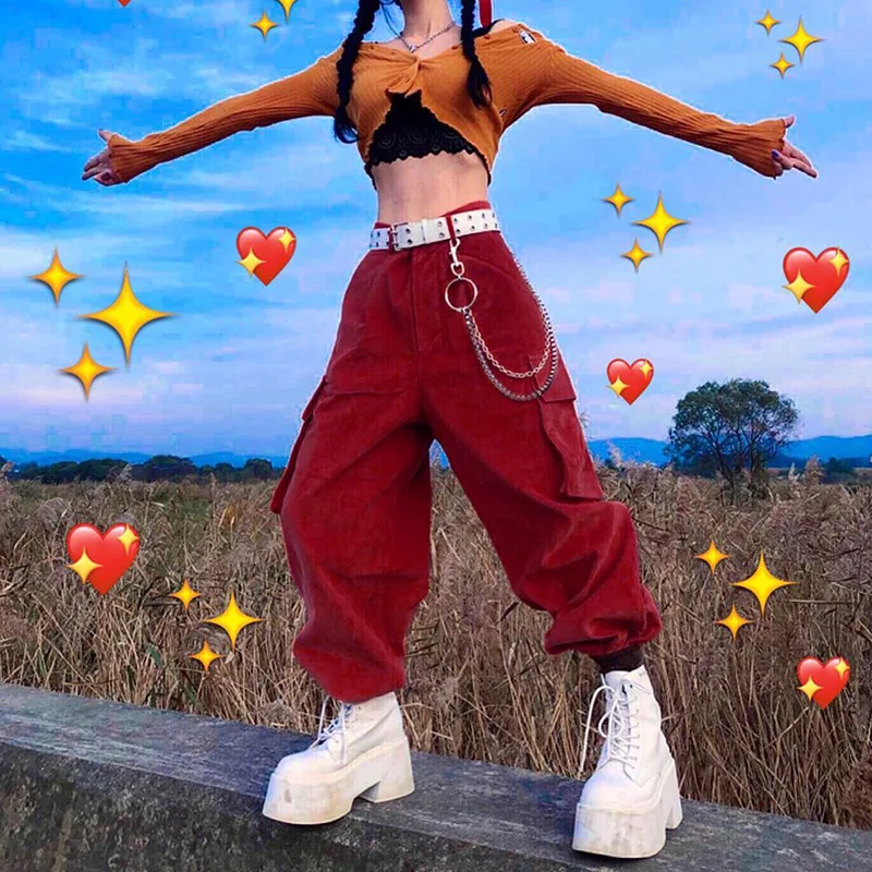 Y2K High Street Chain Accessories Corduroy Overalls Hip-hop Style Loose Adjustable Waist Drawstring Trousers Streetwear 90s yiciya overalls braced jeans detachable y2k stars pants jean american women s new high waist baggy wide legged pant trousers 90s