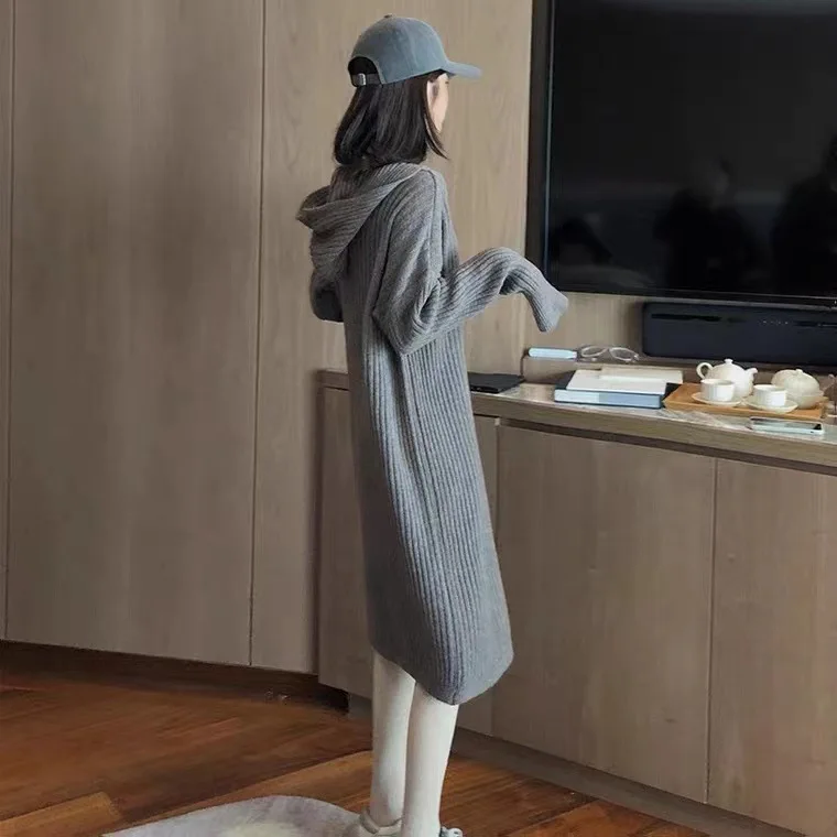 

2023 New Light Luxury Celebrity Hooded Long Sweater Long Skirt Over Knee Knitted Dress Children's Autumn and Winter