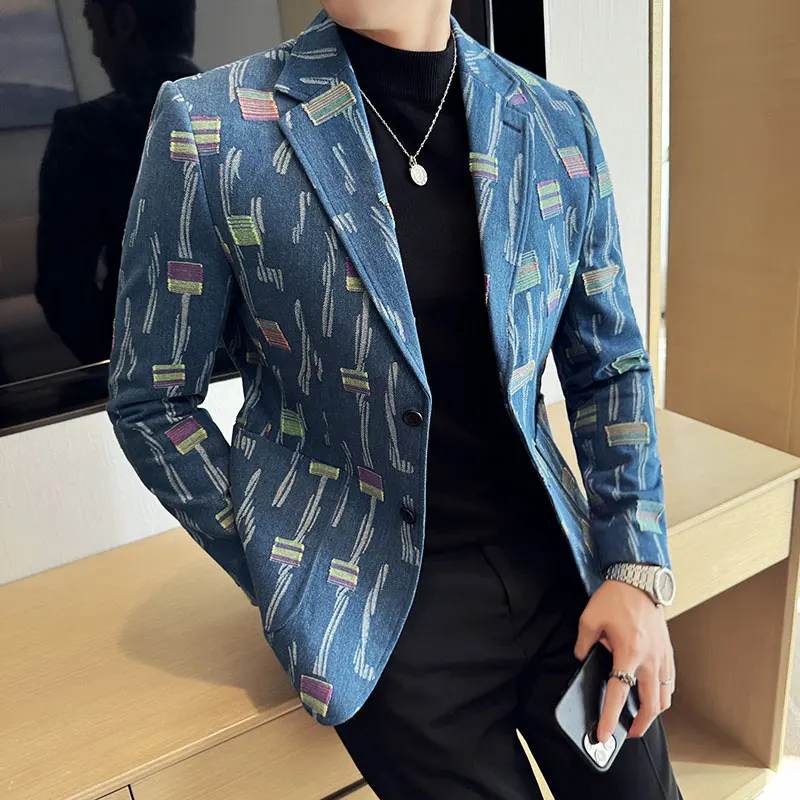 Autumn Men's Suit Jacket Blazer Fashionable High-end Luxury Jacquard Denim Casual Suit Business Social Tailcoat 4XL-M
