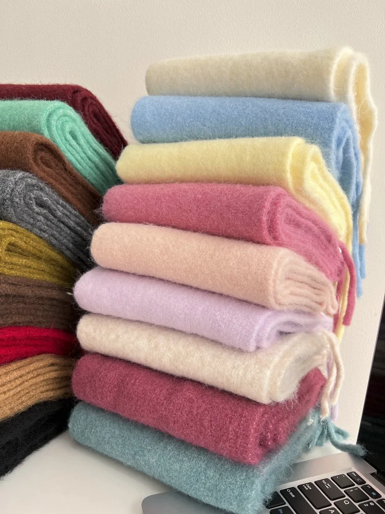 Thiened Woolen Fringed Scarf for Women Winter Warm Riding Ne Warmer Pure Color High-End Feelings Student Friendly Scarves - Image 4