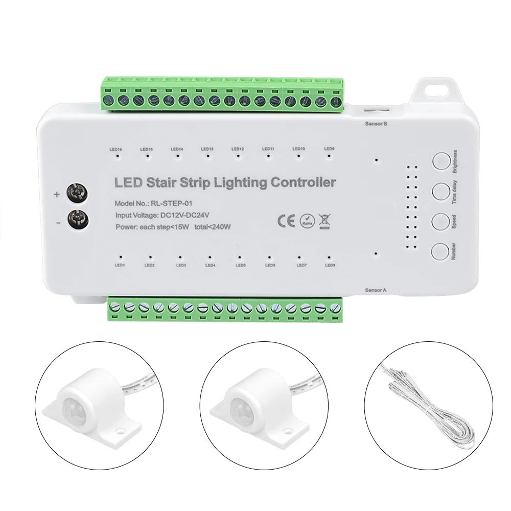 Kit Controller Luci Scale A LED 16 Vie Con Sensore PIR E Telecomando – Regolatore Di Gradini Dimmerabile 12V/24V
