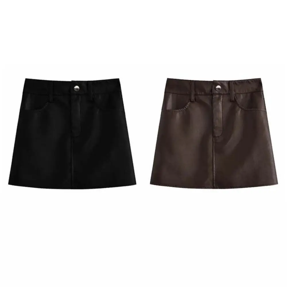Sweet Zipper PU Leather Skirt Solid Color Retro Short Mini Skirts Slim Fit Autumn Winter High Waist A-line Skirt Girls