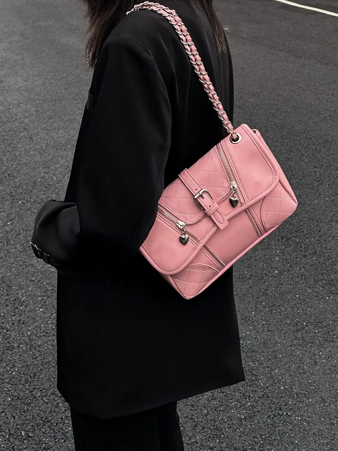 JIAERDI Sweet Cool Heart Y2k Handbag Women High Street Rhombic Lattice Solid Messenger Bag Ladies Harajuku Pink Underarm Bag