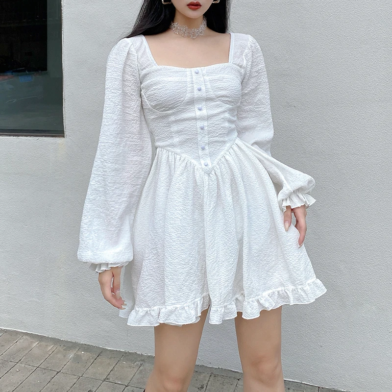 

Elegant Chic Square Neck Puff Sleeve White Dress Female Ruffles Solid Corset Pleated Birthday Party Dress Fashion New